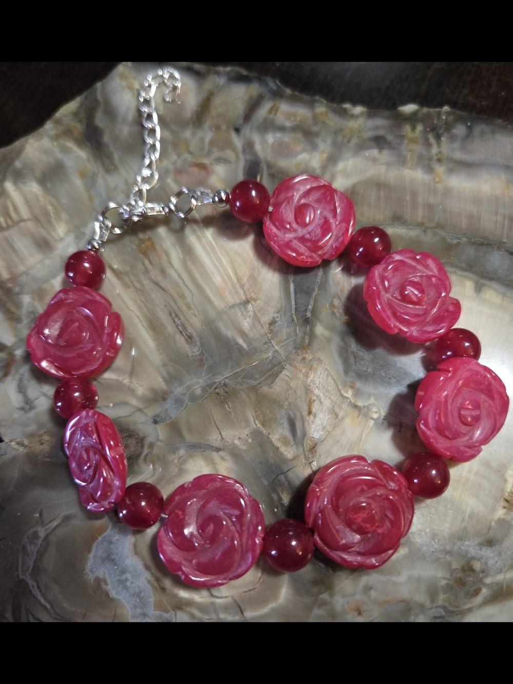 Artisan Pink Indonesian Jade Rose And Ruby Bracelet.